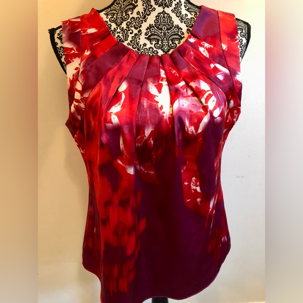 Tahari Red and Purple Pleated Blouse